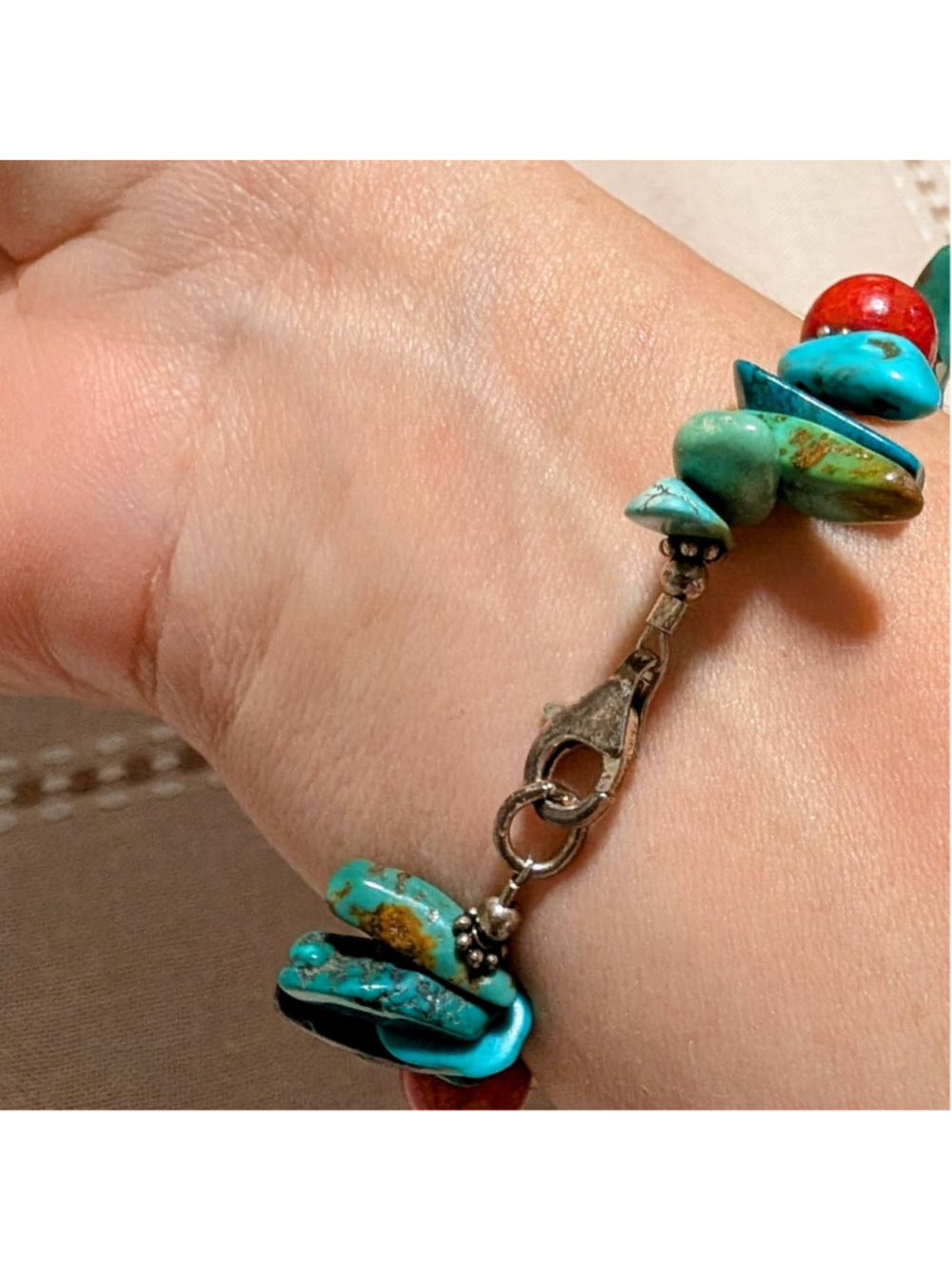 Artisan Turquoise Chip Coral Bead Amber Glass Boho Lobster Bracelet Southwest - Picture 3 of 6